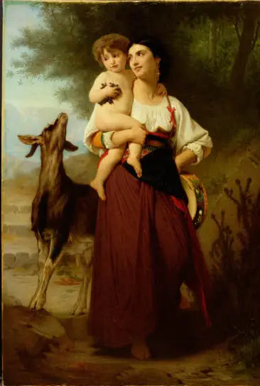 Giovane madre in costume da campagna con suo figlio e una capra - Bouguereau