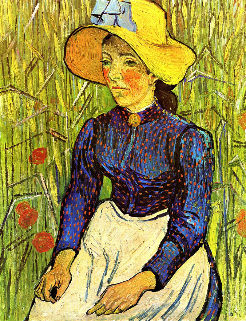 Contadina con cappello di paglia seduta davanti a un campo di grano - Vincent van Gogh