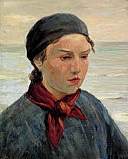 Giovane pescatrice con una sciarpa rossa intorno al collo. - Michael Peter Ancher