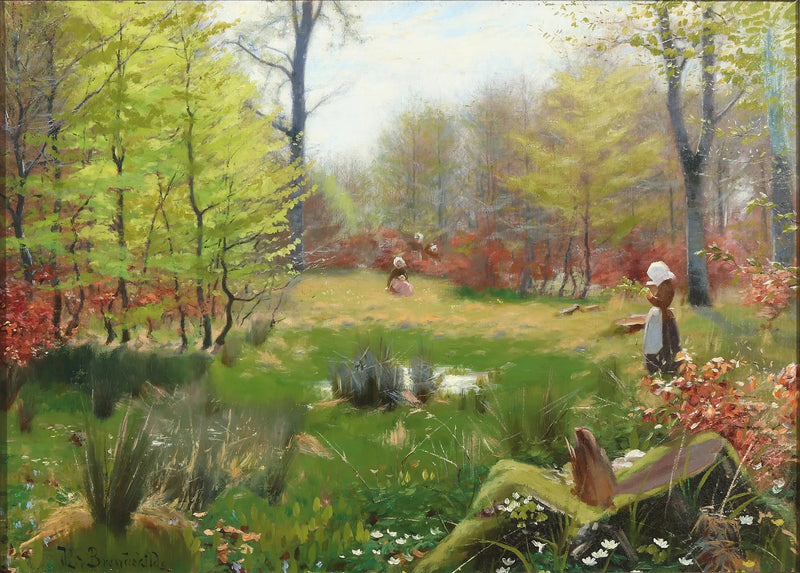 Giovani ragazze che raccolgono anemoni in una foresta primaverile - H. A. Brendekilde