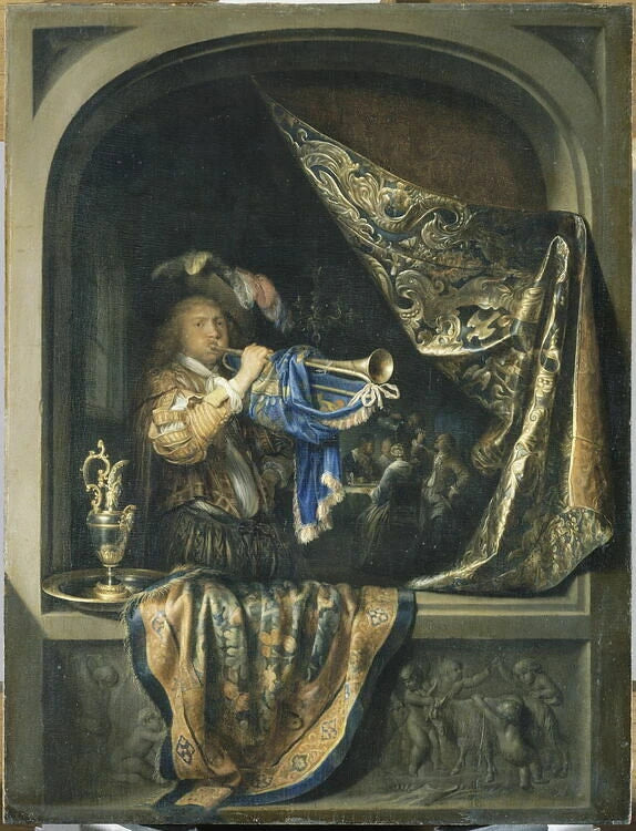 Le joueur de trompette, avec à l'arrière-plan une scène de festin - Gerard Dou