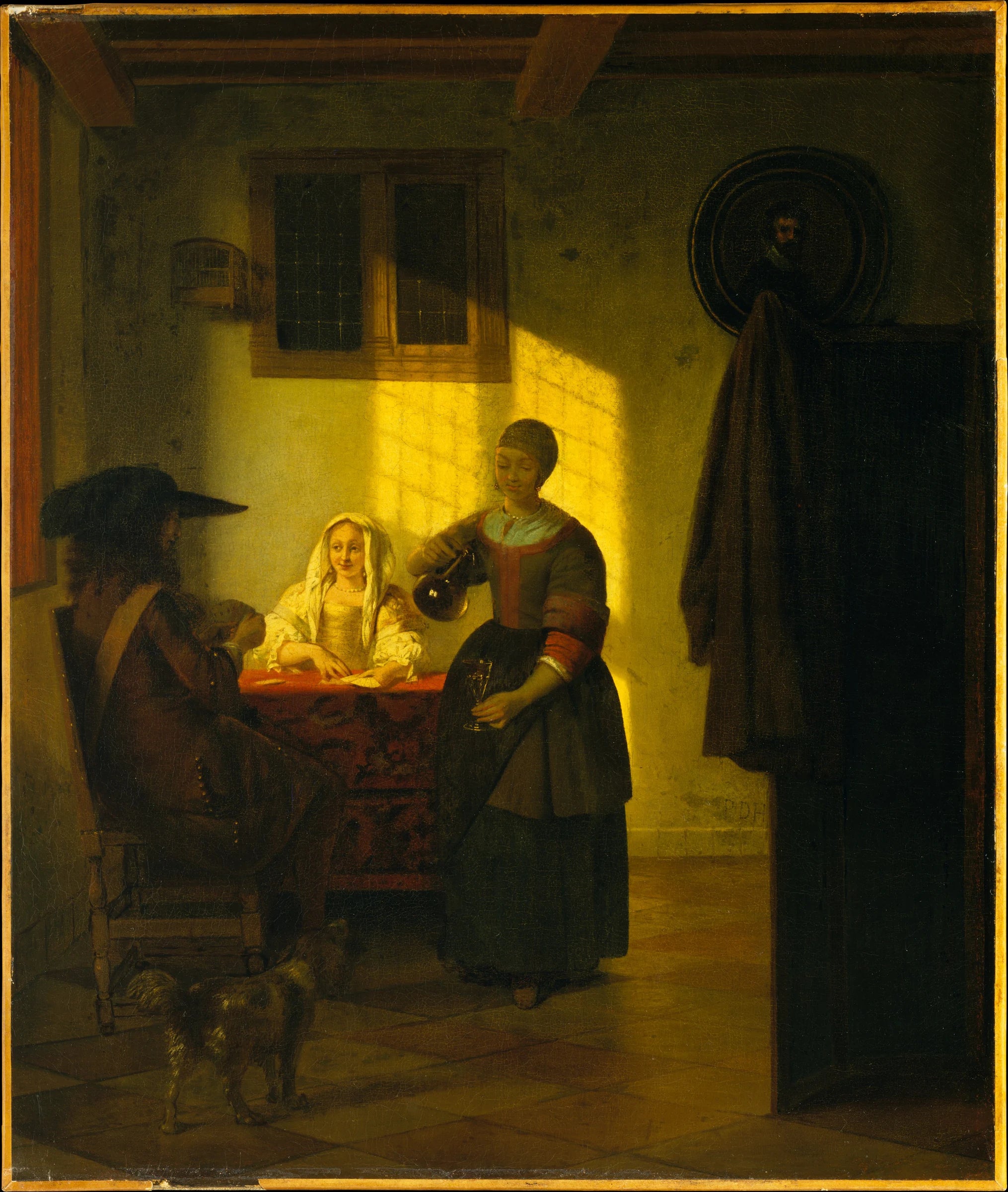 Joueurs de cartes à une table, avec une femme de service - Pieter de Hooch