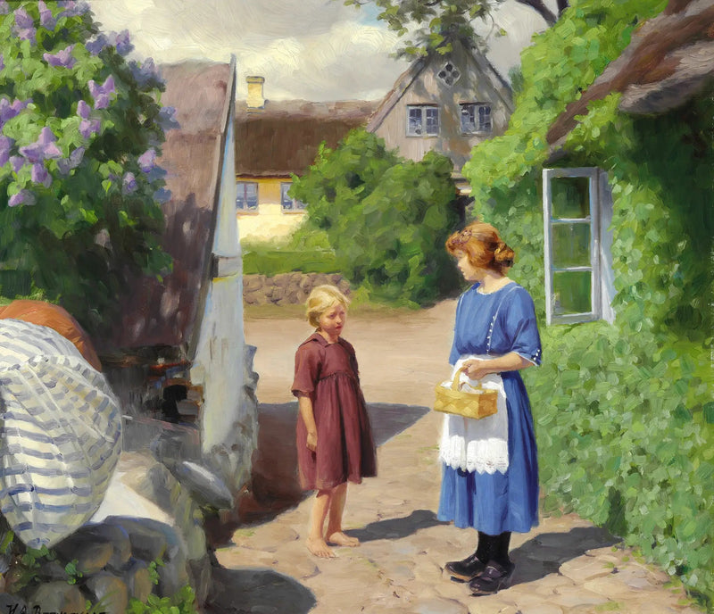 Giornata estiva a Jyllinge. Fiori di lillà in fiore e bambine nella strada del villaggio. - H. A. Brendekilde
