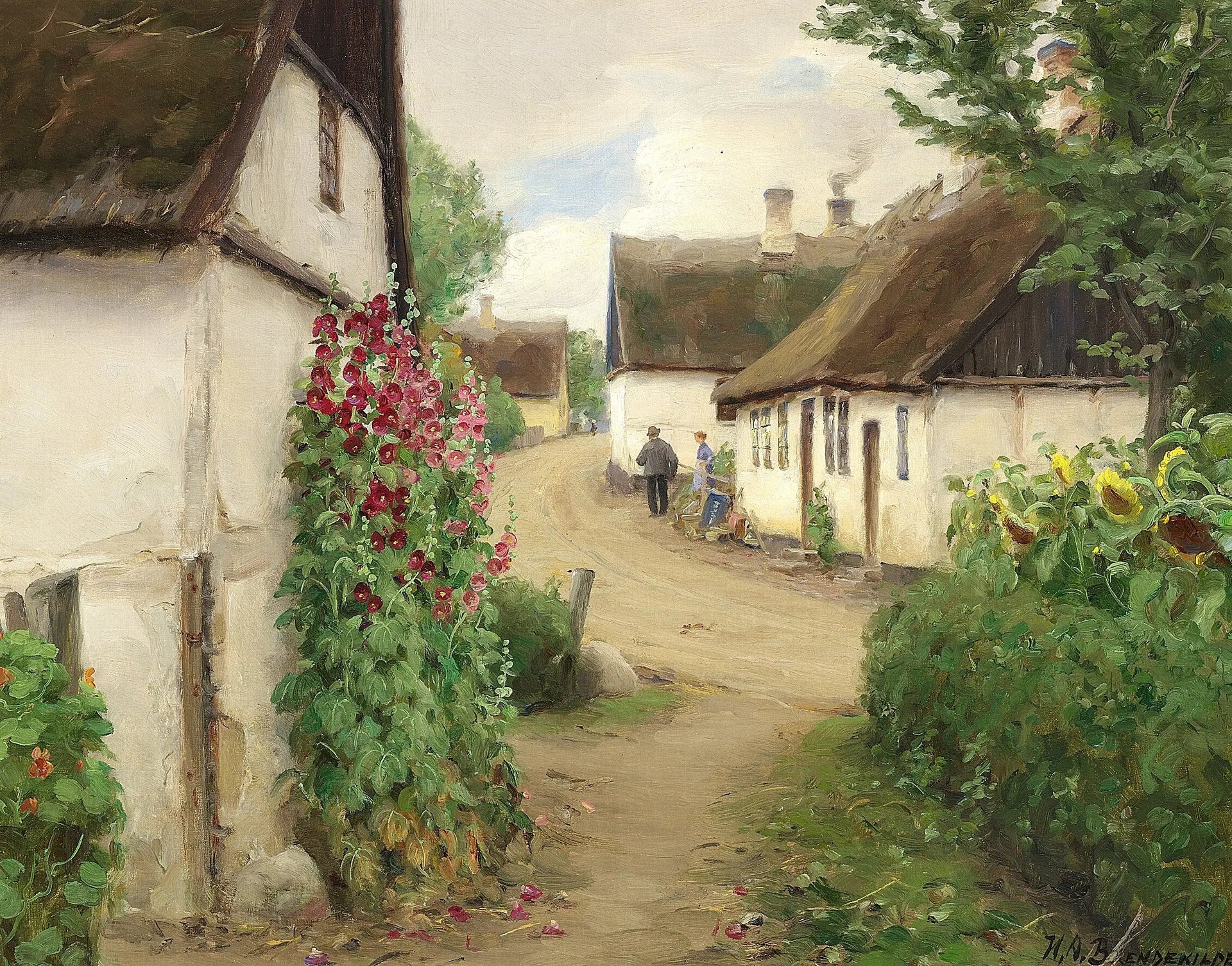 Journée d'été dans un village avec des tournesols et des roses trémières rouges. - H. A. Brendekilde image 1 copie de tableau peinte à la main