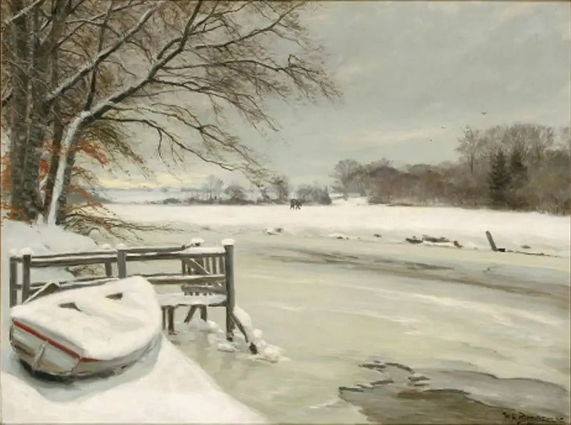 Giornata invernale sul bordo di un ruscello, con cacciatori sullo sfondo. - H. A. Brendekilde