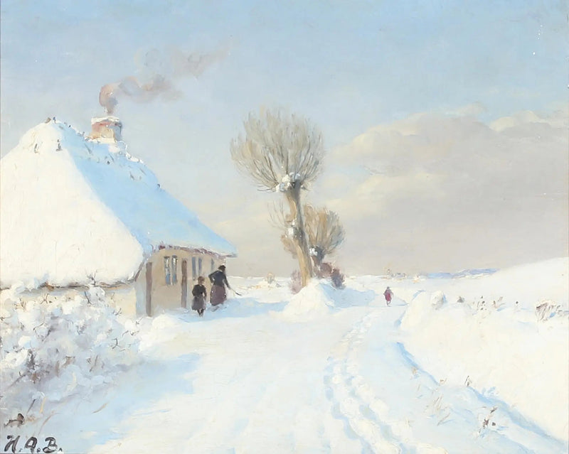 Giornata invernale soleggiata con madre e bambino davanti a un chalet. - H. A. Brendekilde