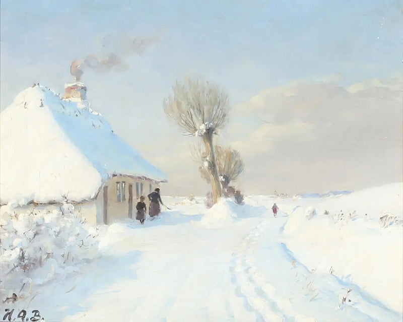 Giornata invernale soleggiata con madre e bambino davanti a un chalet. - H. A. Brendekilde