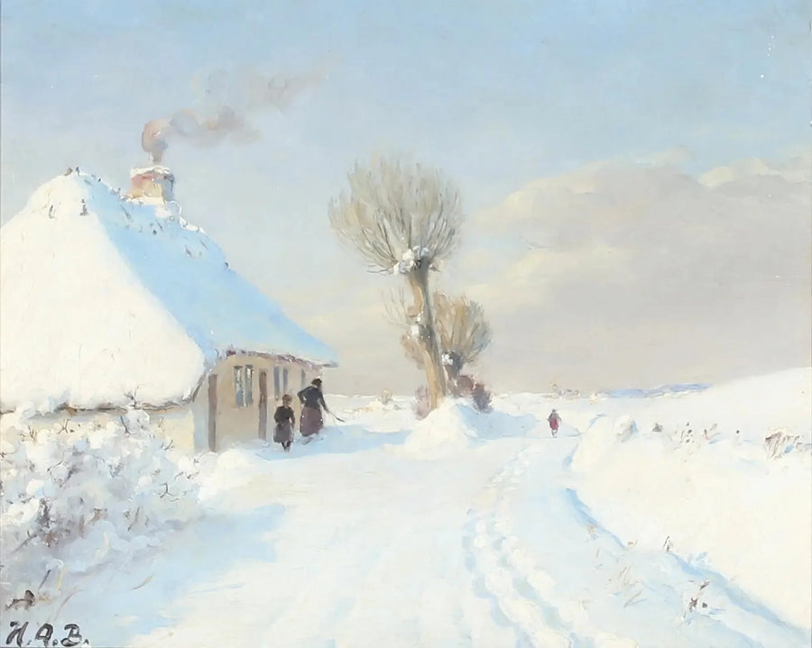 Giornata invernale soleggiata con madre e bambino davanti a un chalet. - H. A. Brendekilde