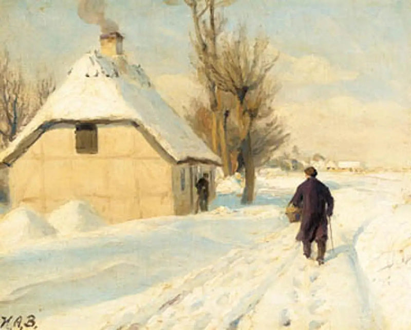 Giornata invernale vicino a una casa con tetto di paglia. Un uomo cammina sulla strada innevata. - H. A. Brendekilde
