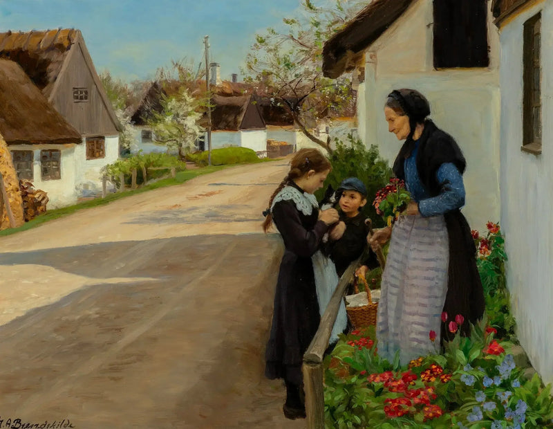 Giornata di primavera nel villaggio. Il gattino è offerto alla nonna. - H. A. Brendekilde