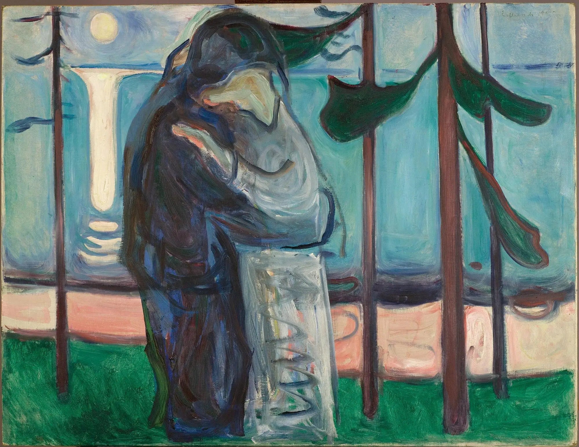 Reproduction du tableau « Kiss sur la côte au clair de lune - Edvard Munch » par Alpha Reproduction en peinture à l’huile