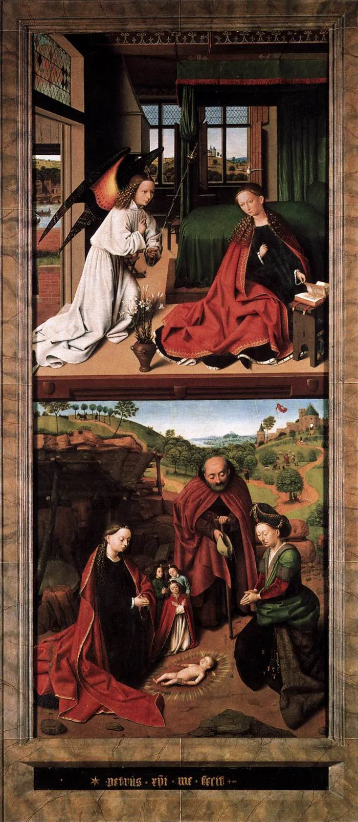 L'adorazione del Bambino Gesù ; sullo sfondo, l'Annunciazione ai pastori. - Petrus Christus