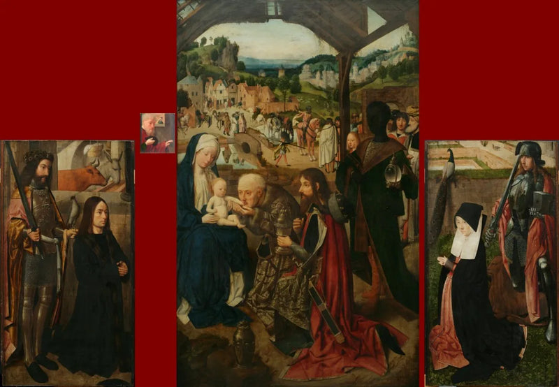 L'Adorazione dei Magi, predella a battenti; anta sinistra: il donatore con san Bavone; anta destra: la moglie del donatore con san Adrian - Geertgen tot Sint Jans