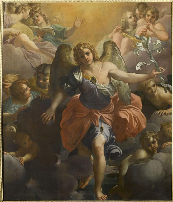 L'angelo Gabriele dans une gloria di angeli musicisti e di cherubini - Annibale Carracci