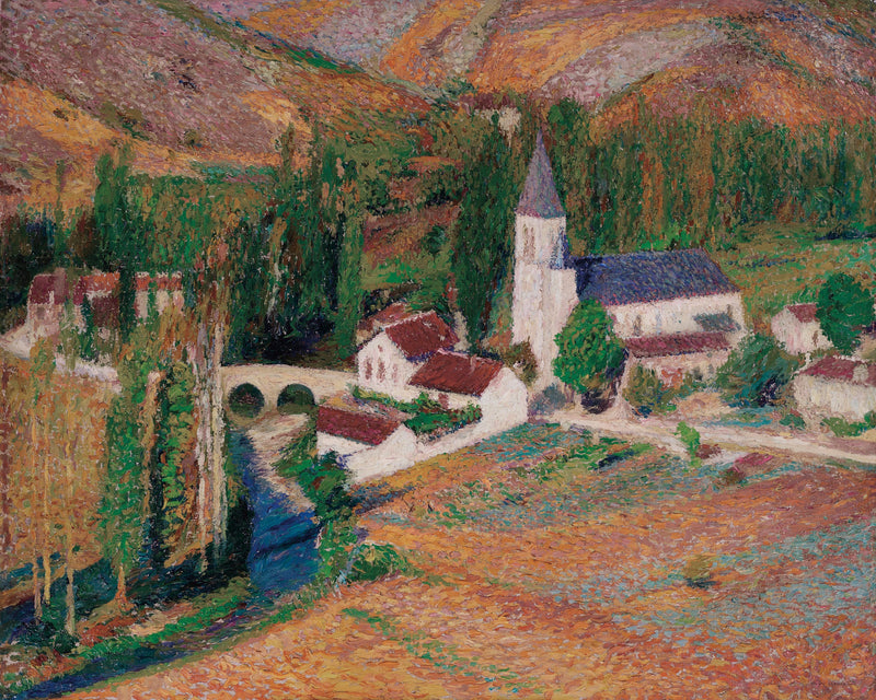 La chiesa di Labastide-du-Vert con il ponte e il fiume, in una sera d'autunno - Henri-Jean Guillaume Martin