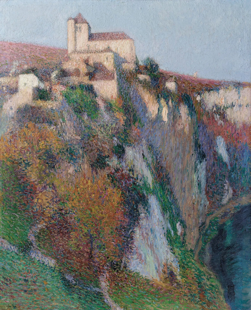 La chiesa di Saint-Cirq Lapopie arroccata sulla scogliera che domina l'ansa del fiume Lot, cielo azzurro - Henri-Jean Guillaume Martin