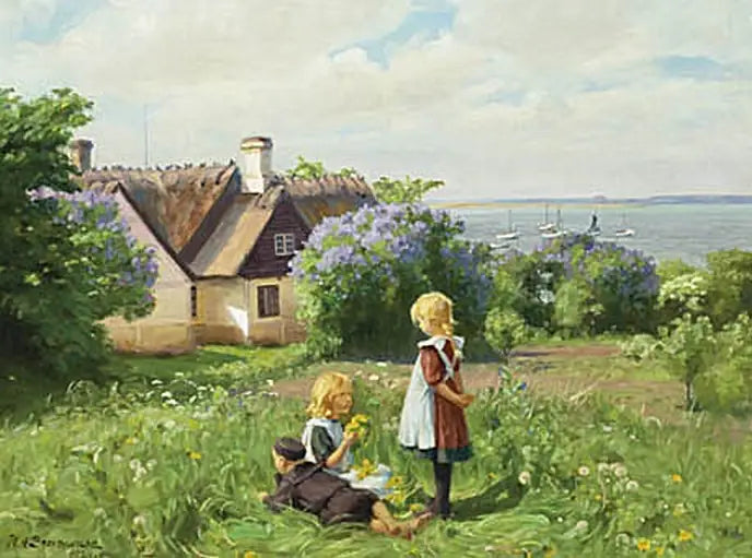 L'été au fjord de Roskilde, les enfants fabriquent des couronnes de fleurs. - H. A. Brendekilde image 1 reproduction de peinture à l’huile