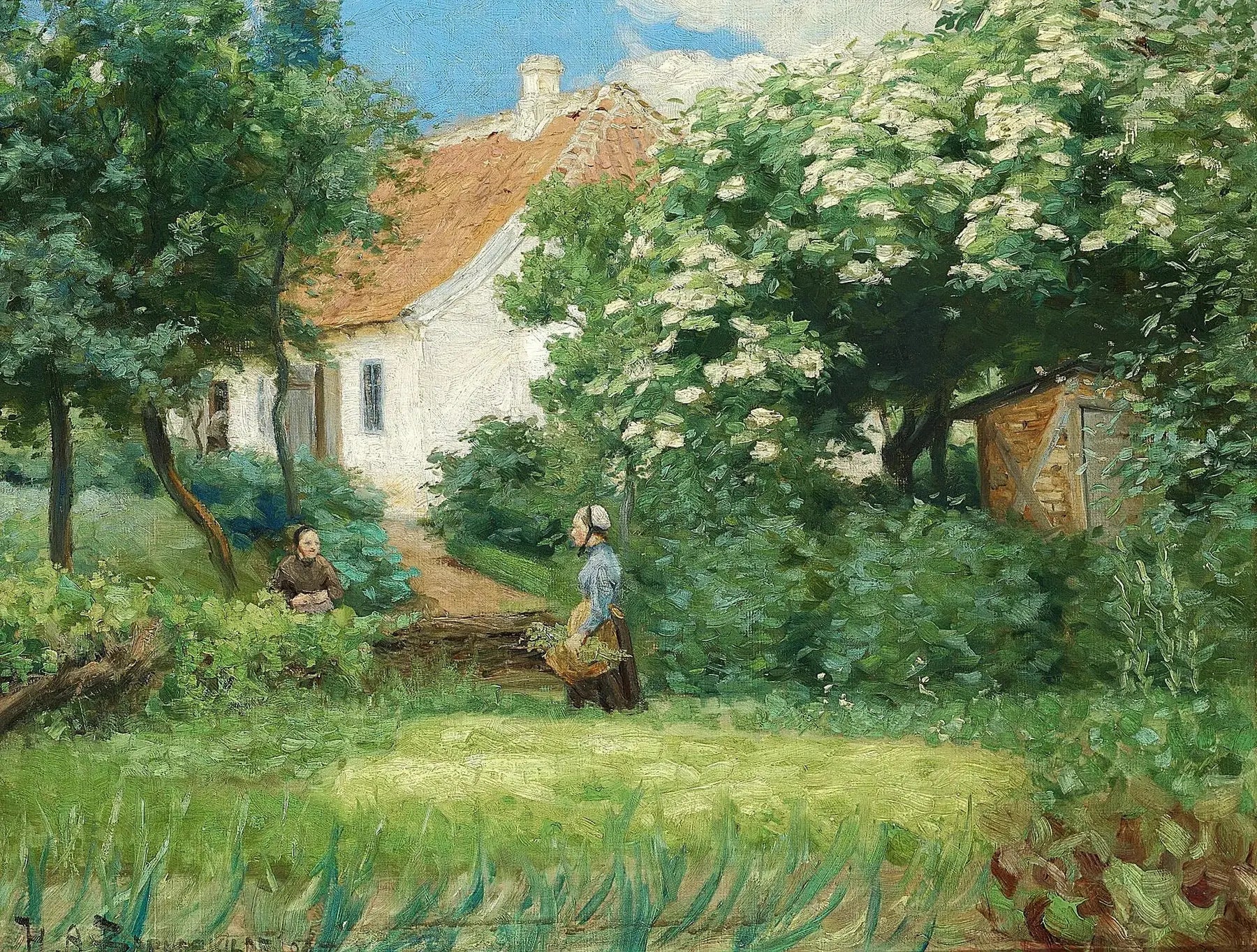L'été au jardin. Deux femmes discutent près d'un châtaignier en fleurs. - H. A. Brendekilde image 1 copie de tableau peinte à la main