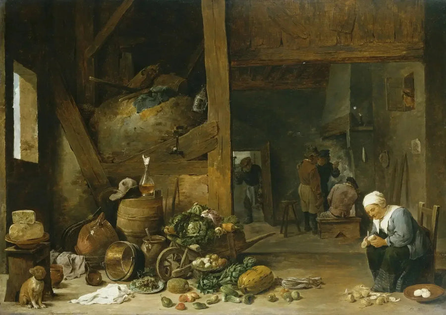 L'interno di una cucina con una vecchia donna che sbuccia delle rape - David Teniers il Giovane