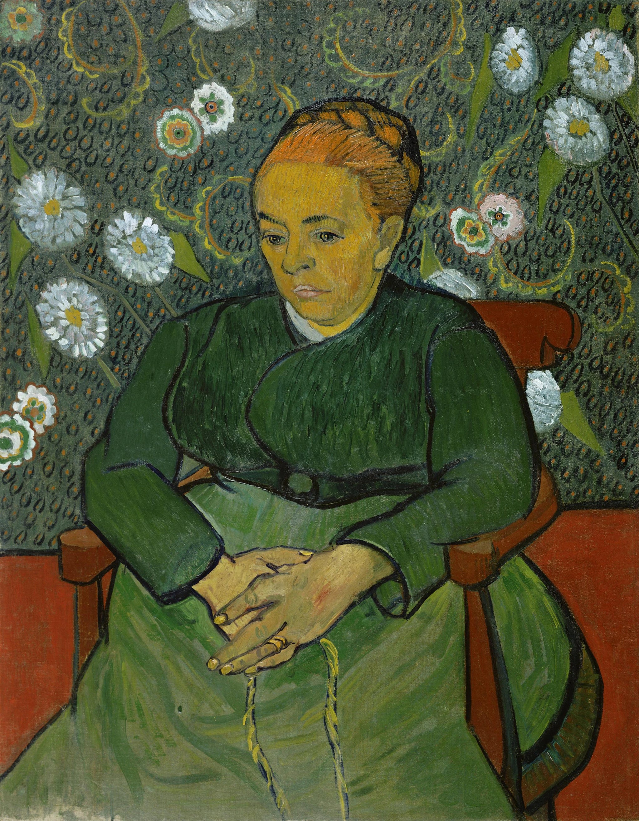 La Berceuse, F507 — Augustine Roulin tenant la corde d’un berceau devant un papier peint fleuri par Vincent van Gogh