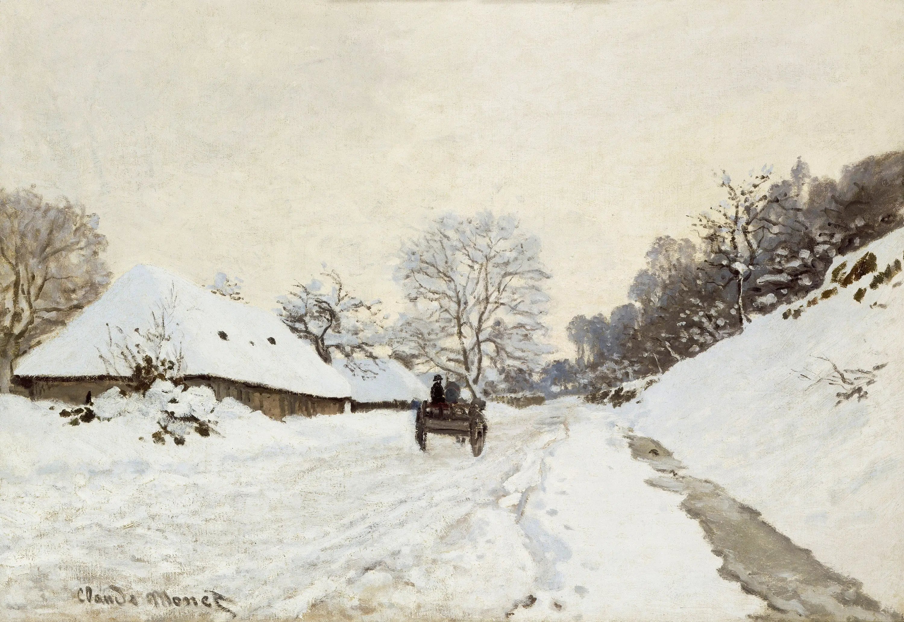 Reproduction du tableau « La Charrette. Route sous la neige à Honfleur - Claude Monet » par Alpha Reproduction en peinture à l’huile