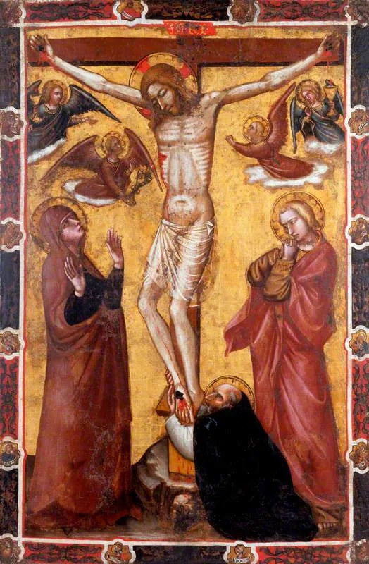 La Crocifissione con la Vergine e san Giovanni ; san Antonio abate ai piedi della croce (un lato di una bandiera processionale) (un tempo attribuita a Barnaba da Modena) - Spinello Aretino