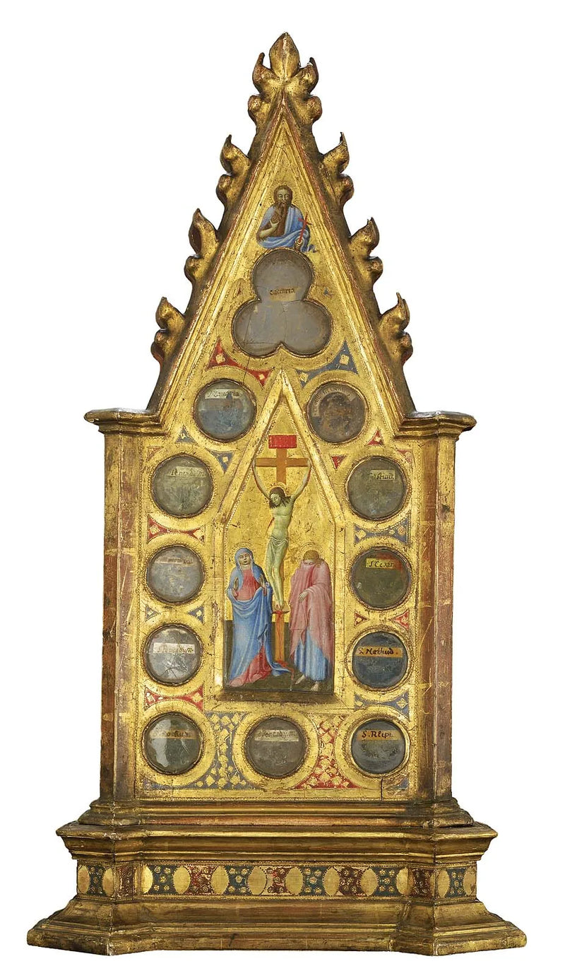 La Crocifissione con la Vergine e san Giovanni, con san Giovanni Battista (sopra); un francescano in preghiera davanti a una visione di Cristo e dei santi, con un santo (sopra) (anteriore e posteriore) - Maestro dell'Osservanza