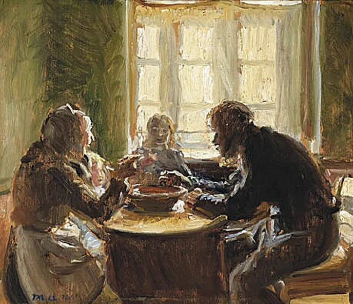 La famiglia Wollesen seduta al tavolo. -Michael Peter Ancher