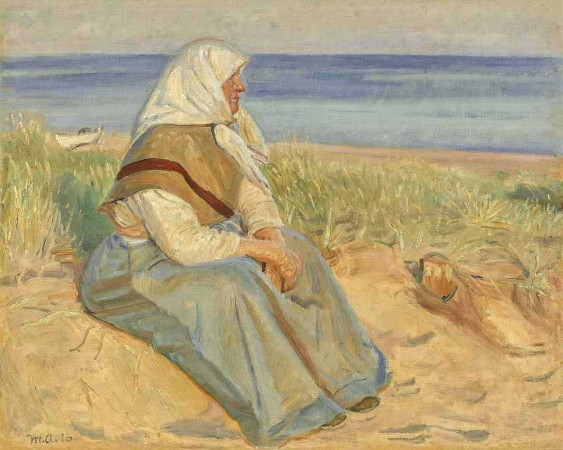 La moglie di un pescatore seduta tra le dune di Skagen. - Michael Peter Ancher