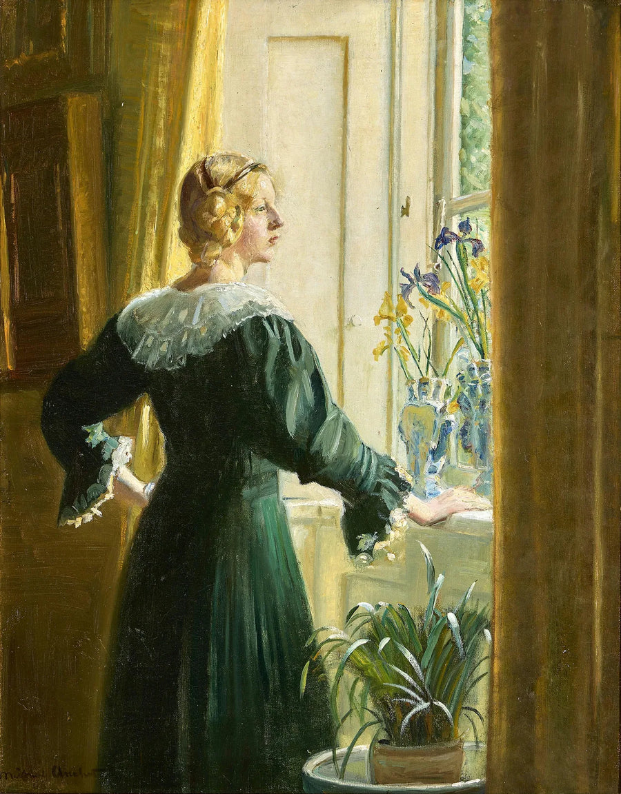 La figlia dell'artista, Helga Ancher, in piedi vicino a una finestra soleggiata. - Michael Peter Ancher