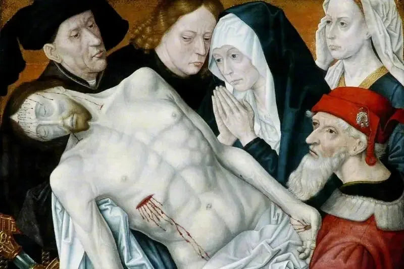 La Lamentation, il Cristo morto sorretto da Giovanni Battista, Giuseppe d'Arimatea e Nicodemo con la Vergine Maria e Maria Maddalena - Hugo van der Goes