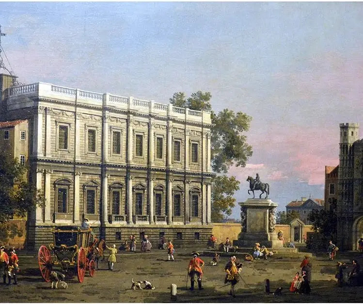 La Maison des Banquets e la Porta Holbein, Whitehall, con la statua equestre del re Carlo I - Canaletto