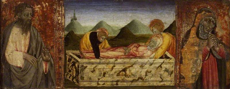 La mise au tombeau della Vergine con san Bartolomeo (a sinistra) e una santa (a destra) - Giovanni di Paolo