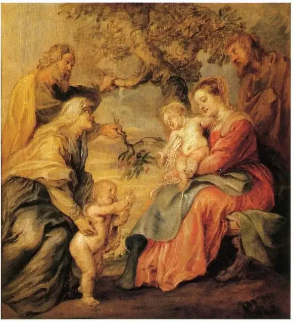 La Sainte Famille sous le pommier avec saint Jean-Baptiste, Élisabeth et Zacharie, vers 1631 - Peter Paul Rubens image 1 reproduction artisanale de tableau