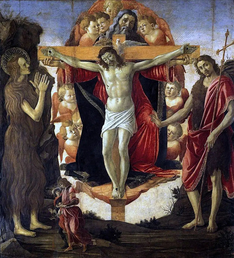 La Trinità con santa Maria Maddalena e san Giovanni Battista, l'arcangelo Raffaele e Tobia - Sandro Botticelli