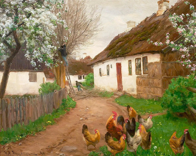 La vita del villaggio un giorno di primavera con persone e alberi. - H. A. Brendekilde