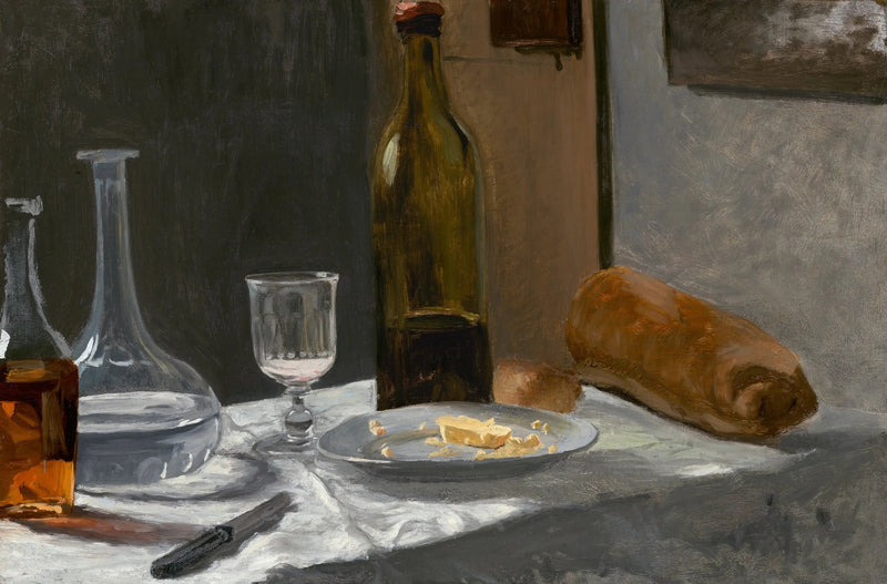 La natura morta con bottiglia, caraffa, pane e vino - Claude Monet