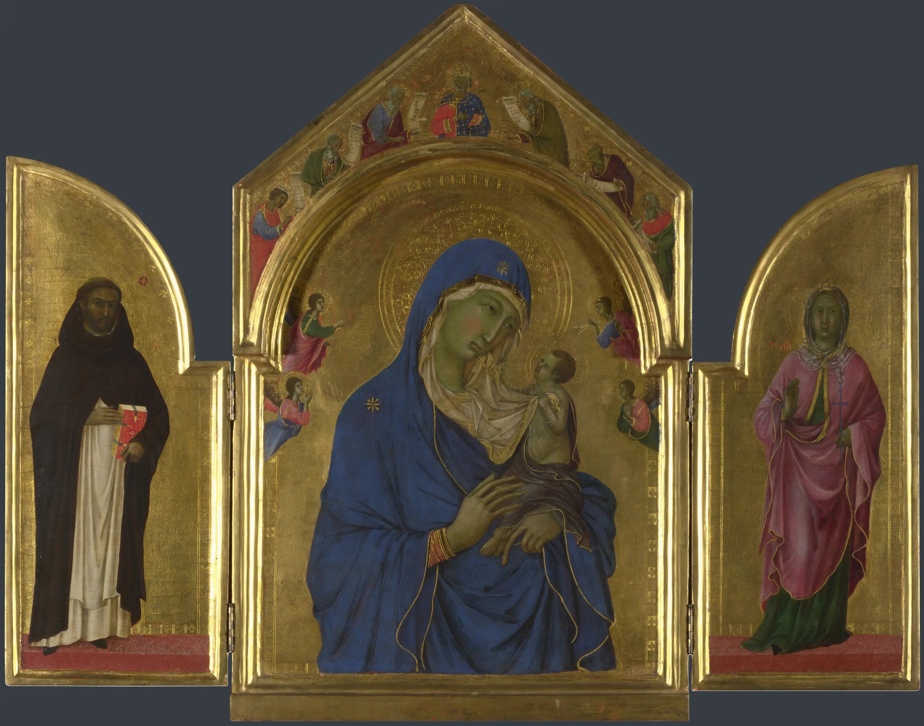 La Vierge à l'Enfant avec les saints Dominique et Auréa - Duccio di Buoninsegna image 1 reproduction de peinture à l’huile