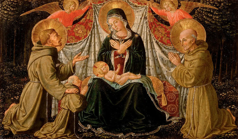 La Vergine con il Bambino, san Francesco e il donatore Padre Jacopo da Montefalco (a sinistra) e san Bernardo di Siena (a destra) - Benozzo Gozzoli