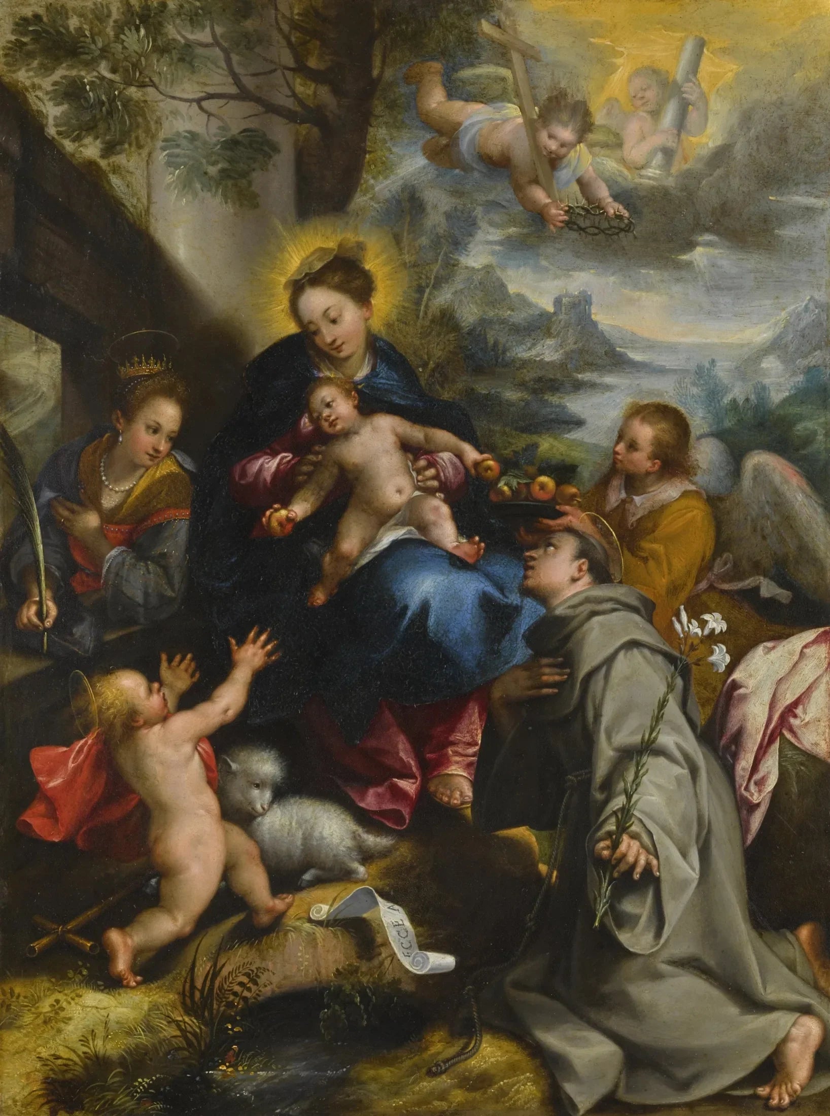 La Vierge à l'Enfant avec sainte Catherine, saint Dominique et le petit saint Jean-Baptiste, un paysage au-delà - Denis Calvaert image 1 copie de tableau peinte à la main