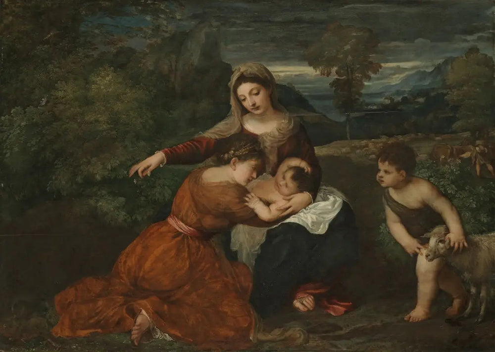 La Vierge à l'Enfant avec une sainte et le jeune saint Jean-Baptiste - Titian image 1 copie de tableau peinte à la main