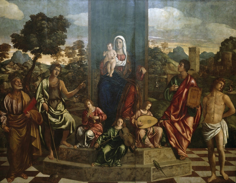 La Vergine con il Bambino in maestà con i santi Pietro, Giovanni Battista, Giovanni Evangelista, Sebastiano e tre angeli musicisti - Giovanni Bellini