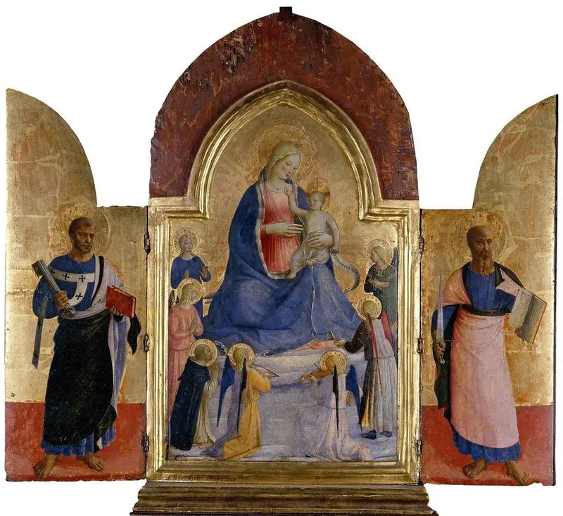 La Vergine con il Bambino, angeli e un santo domenicano (al centro); san Pietro (a sinistra); san Paolo (a destra) - Fra Angelico