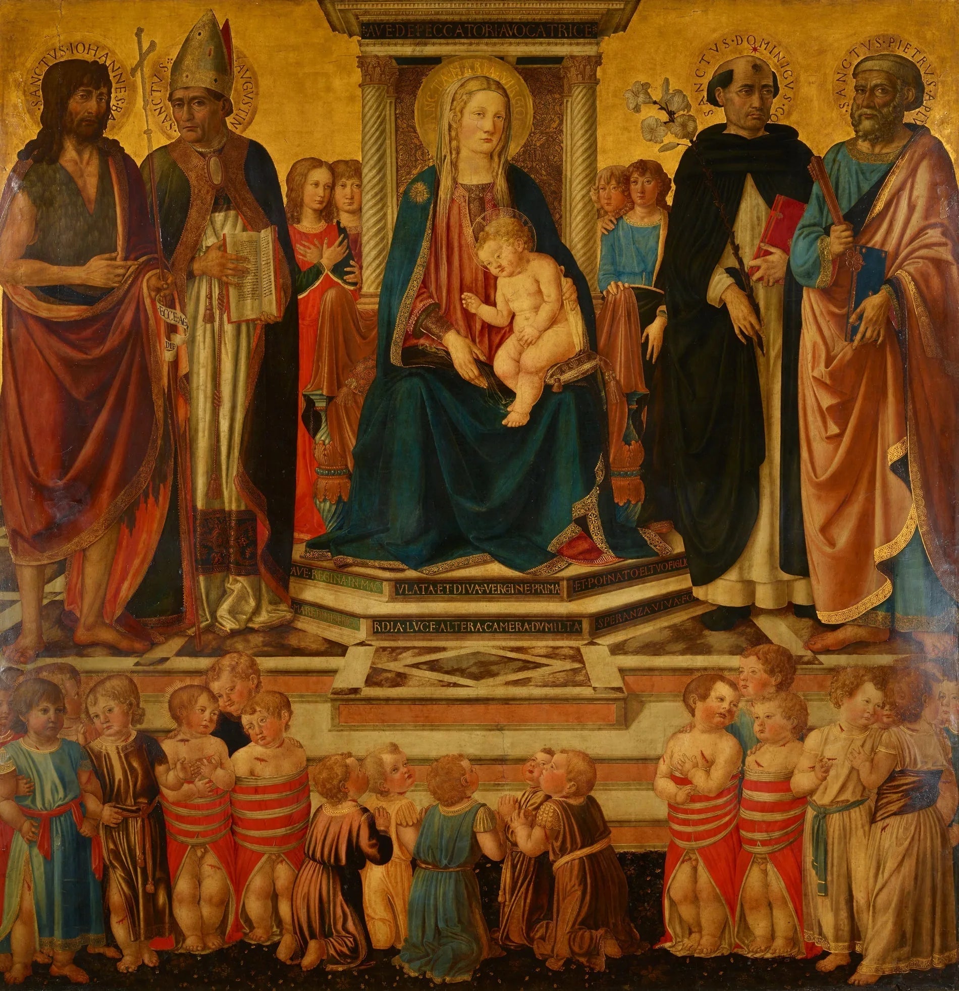 La Vierge et l'Enfant bénissant trônant avec les saints Jean, Augustin, Dominique, Pierre et les victimes du massacre d'enfants béthémitique - Cosimo Rosselli image 1 tableau peint à l’huile sur toile