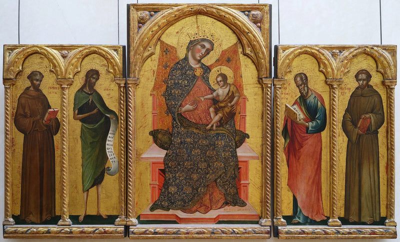 La Vergine e il Bambino, Santi Francesco d'Assisi, Giovanni Battista, Giovanni l'Evangelista e Antonio da Padova - Paolo Veneziano