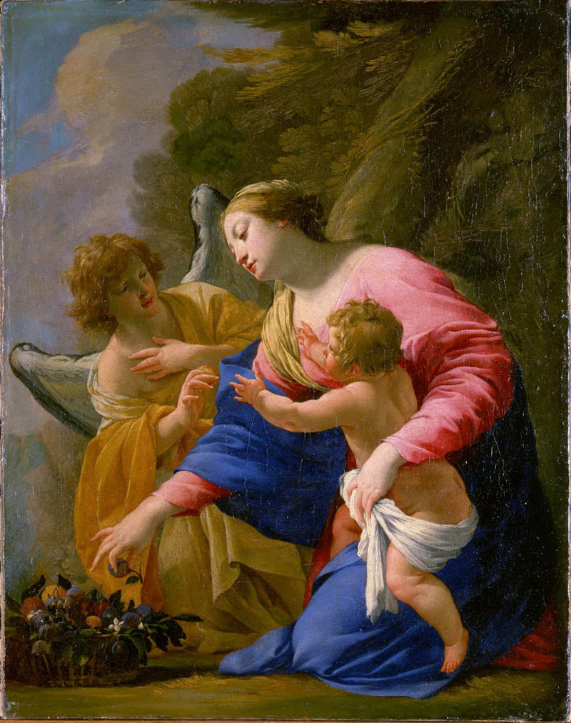 La Vergine e il bambino nel cesto di frutta con un angelo in un paesaggio - Simon Vouet