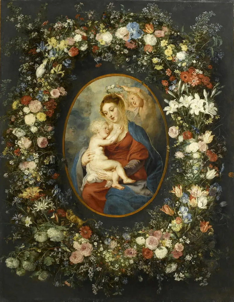 La Vergine, il bambino Gesù e un angelo al centro di una ghirlanda di fiori - Peter Paul Rubens