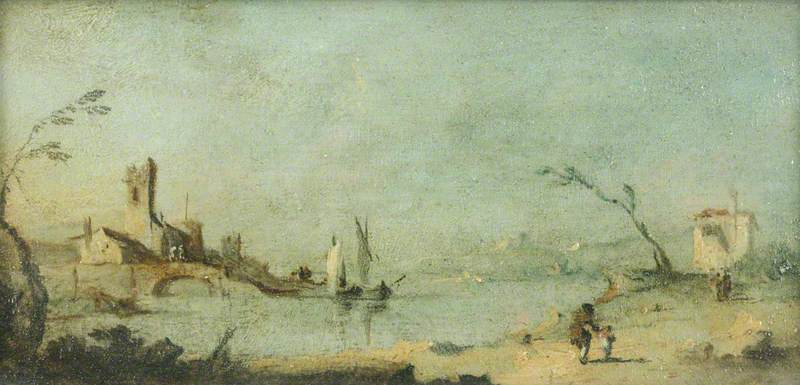 Laguna di Capriccio con una chiesa e un ponte - Francesco Guardi