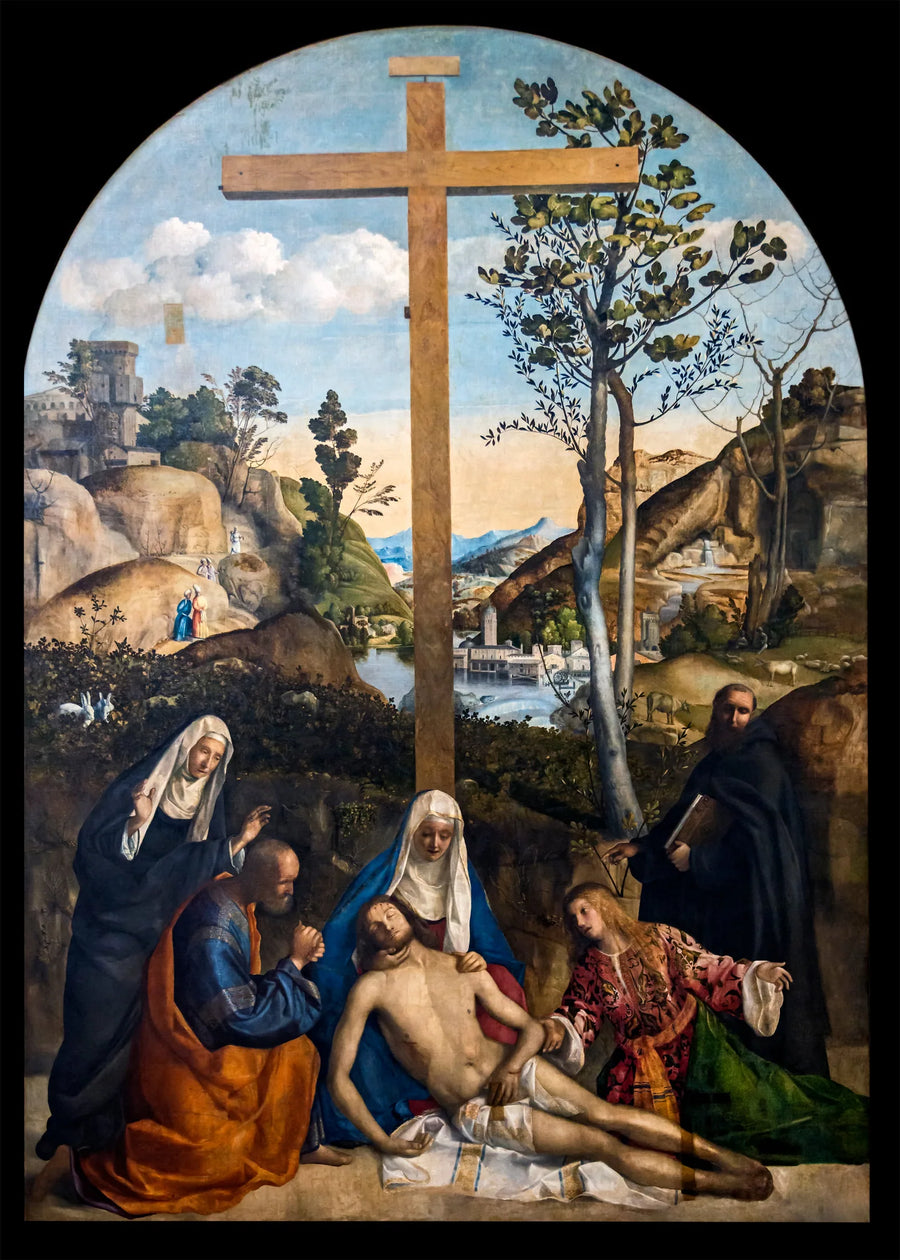 Lamentation sur le Christ mort avec Giuseppe d'Arimatea, la Vierge et Marie-Madeleine, entre santa Marta et Filippo Benizi - Giovanni Bellini