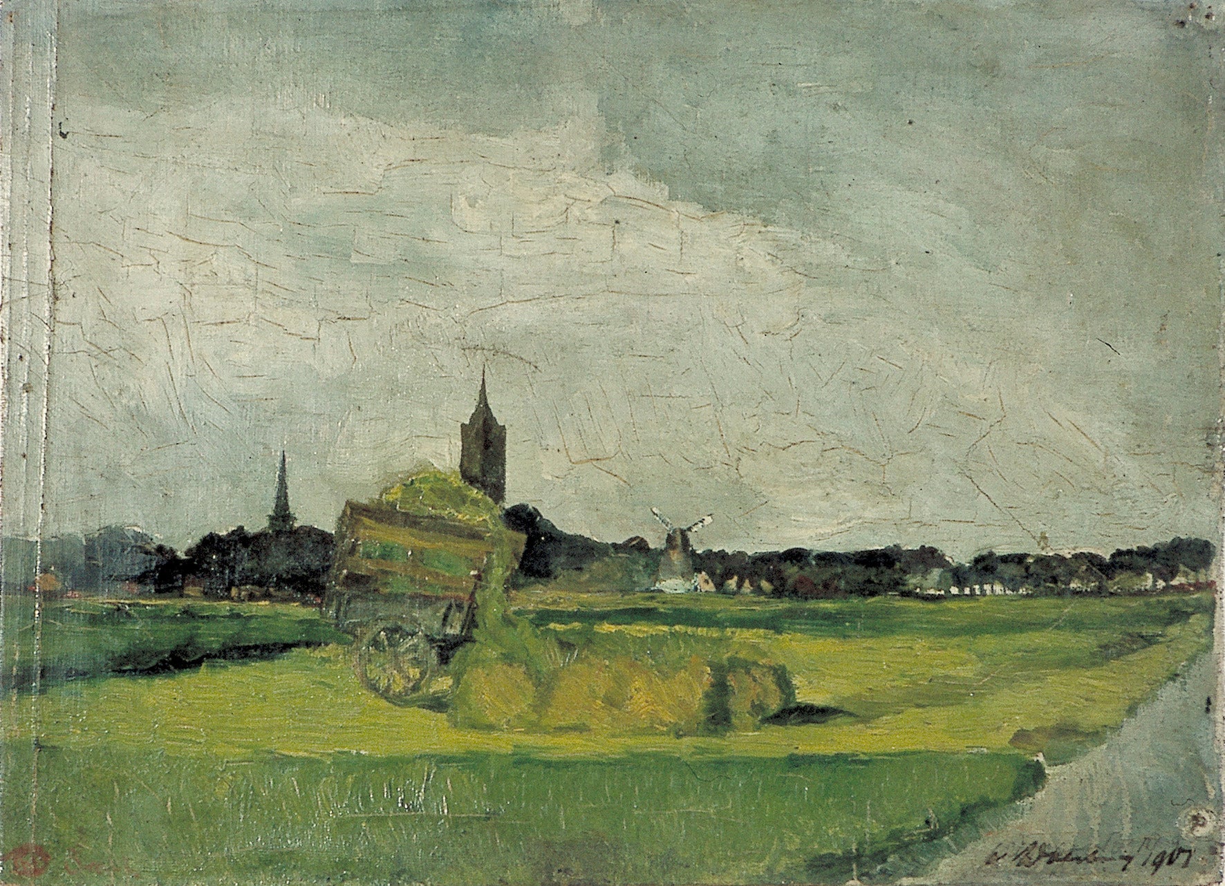 Landschap met hooikar, kerktorens en molen - Theo van Doesburg image 1 copie de tableau peinte à la main